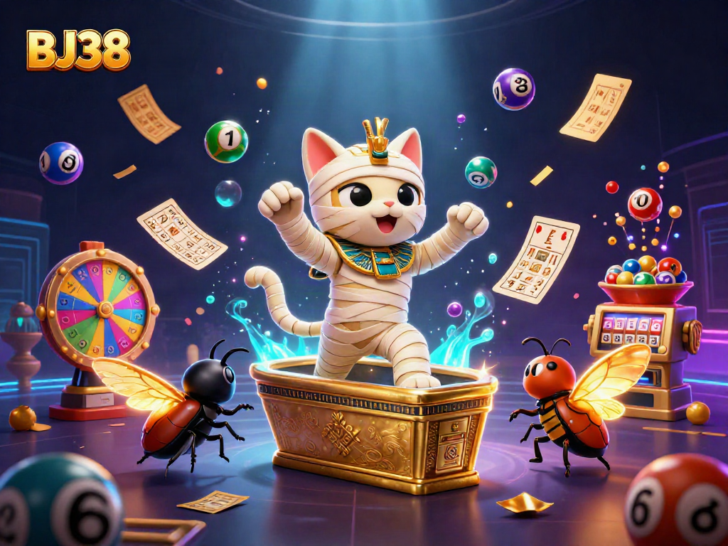 Experience exciting gaming action with BJ38 in a vibrant 3D casino illustration featuring unique characters and elements.