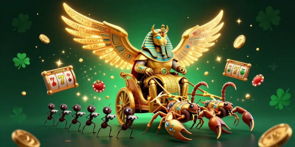 Engage in thrilling Onbet casino adventures with a chariot led by a golden scarab beetle and gaming elements.