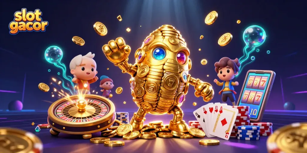 Raih kemenangan besar dalam slot gacor dengan golem emas dan simbol mesin slot yang memukau.