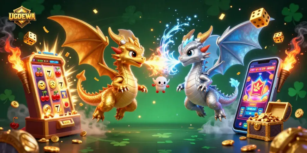 UGDEWA showcases twin dragons battling with fire and ice amidst a vibrant casino scene.