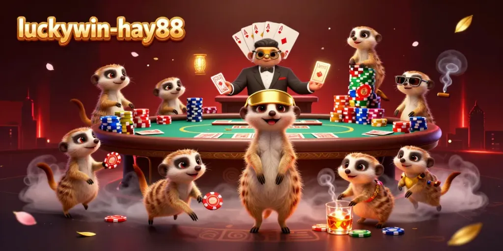 Luckywin-hay88 features meerkats managing a busy casino scene with poker elements and dynamic atmosphere.