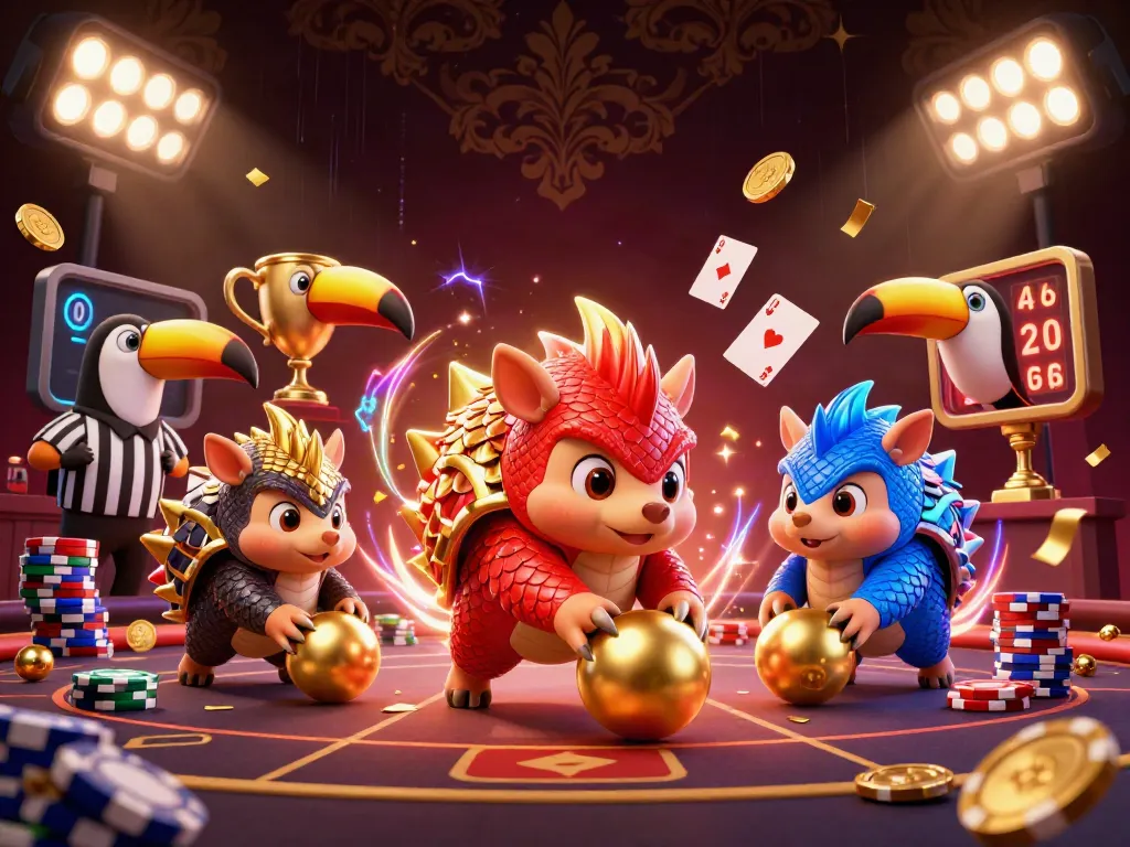 Engage with xn--l3ca4bybyc5c7b's thrilling poker showdown featuring cartoon pangolins in armor.