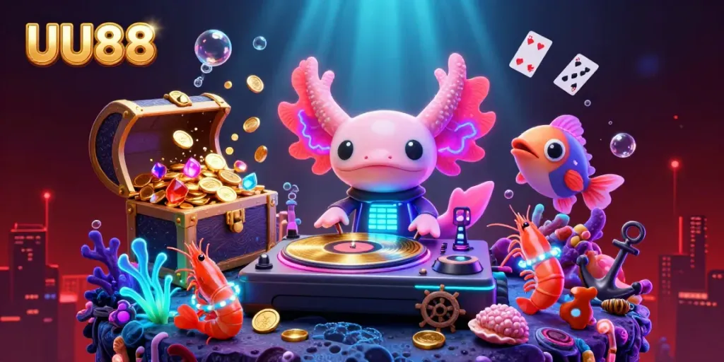 Engage with UU88's vibrant underwater casino adventure featuring colorful characters and treasures.