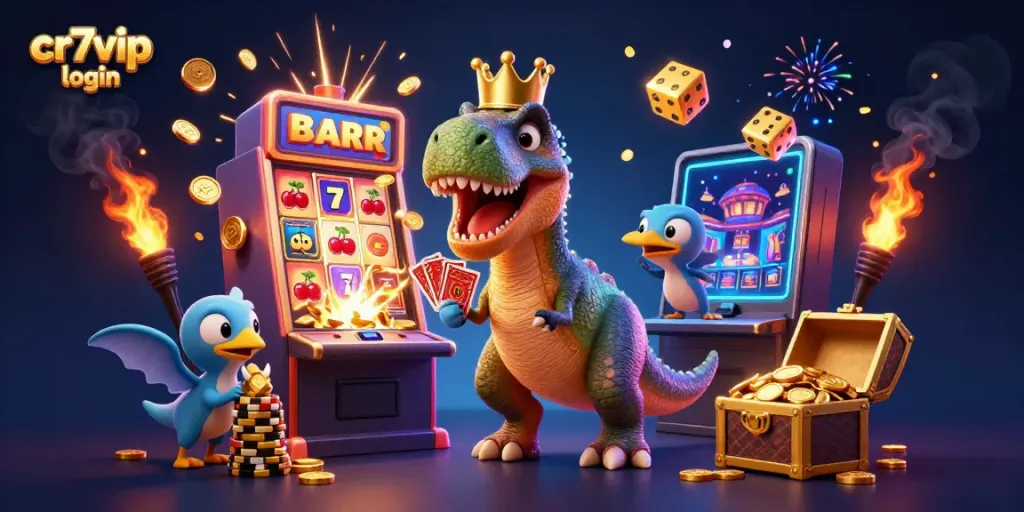 Ilustrasi 3D ceria cr7vip login dengan karakter kartun dinosaurus di kasino, meriah dan penuh detail
