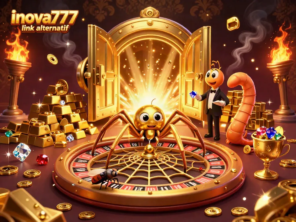 Experience exciting gaming action with inova777 link alternatif in a vibrant 3D illustration showcasing a roulette-themed spider web and golden treasures.