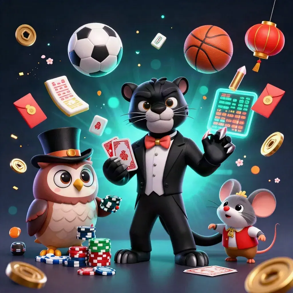 Black panther, owl, and mouse amid neon casino sports props with a frozen soccer ball.