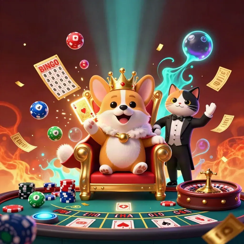 Royal corgi and cat butler on chip throne as casino treasures burst in teal neon.