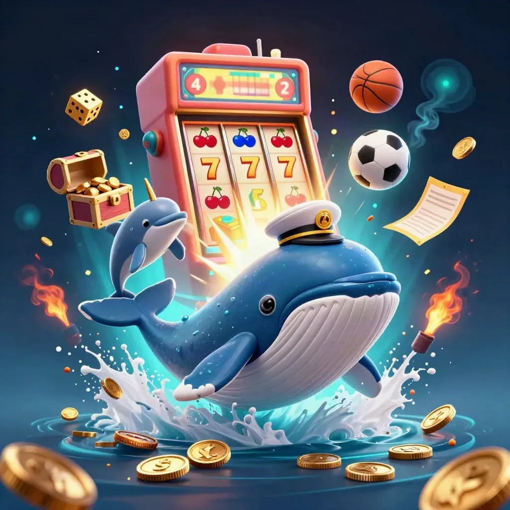 Whale, narwhal, dolphins, slot burst, balls, coins, and teal neon casino glow in a square splash.