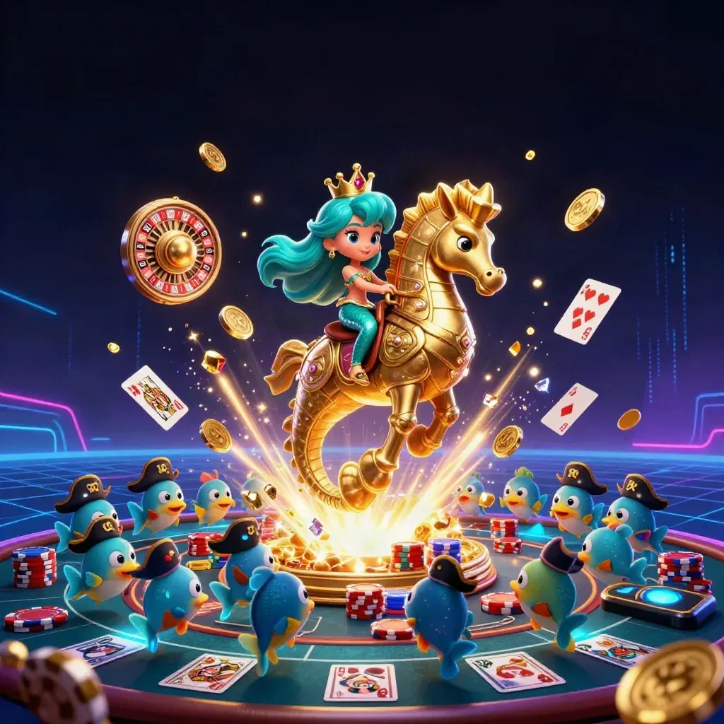 Mermaid princess on armored seahorse amid coins, roulette wheel, cards, and glowing casino effects.