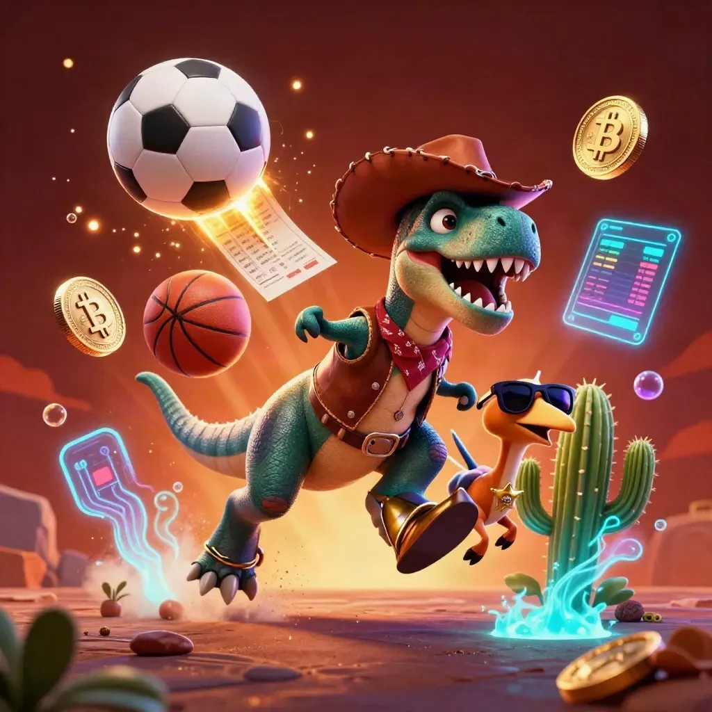 Cowboy T-Rex, cactus sidekick and roadrunner amid neon coins, balls and electric casino glow.