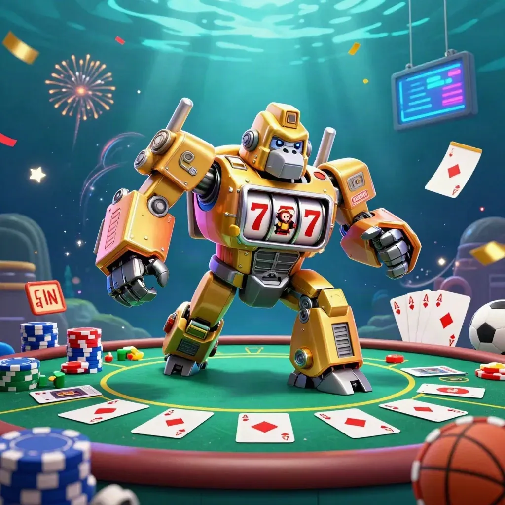 Golden gorilla mech with monkey pilot, chips, cards, balls and teal light in a casino splash scene