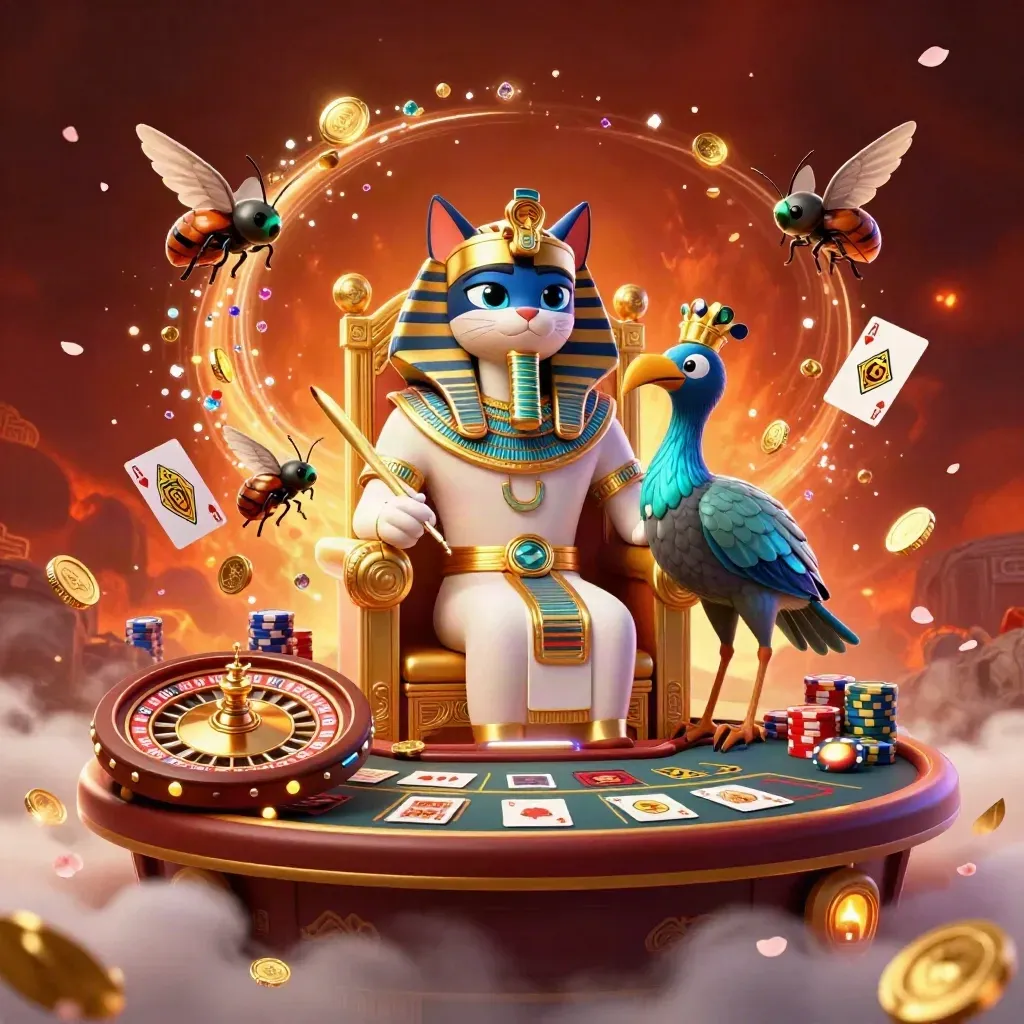 Pharaoh cat, ibis scribe, and scarab swarm in a glowing casino scene with coins, gems, and cards