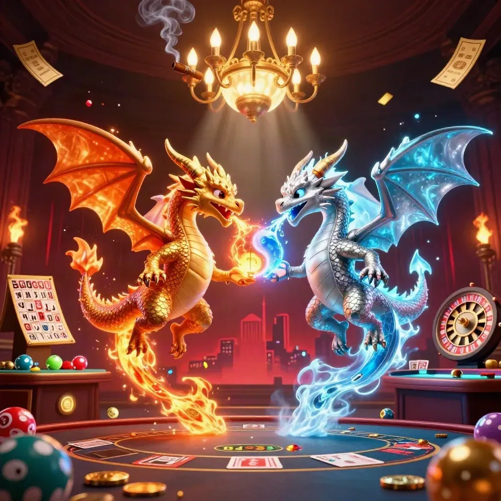 Twin gold and silver dragons orbit a lantern spirit amid casino props and neon glow.