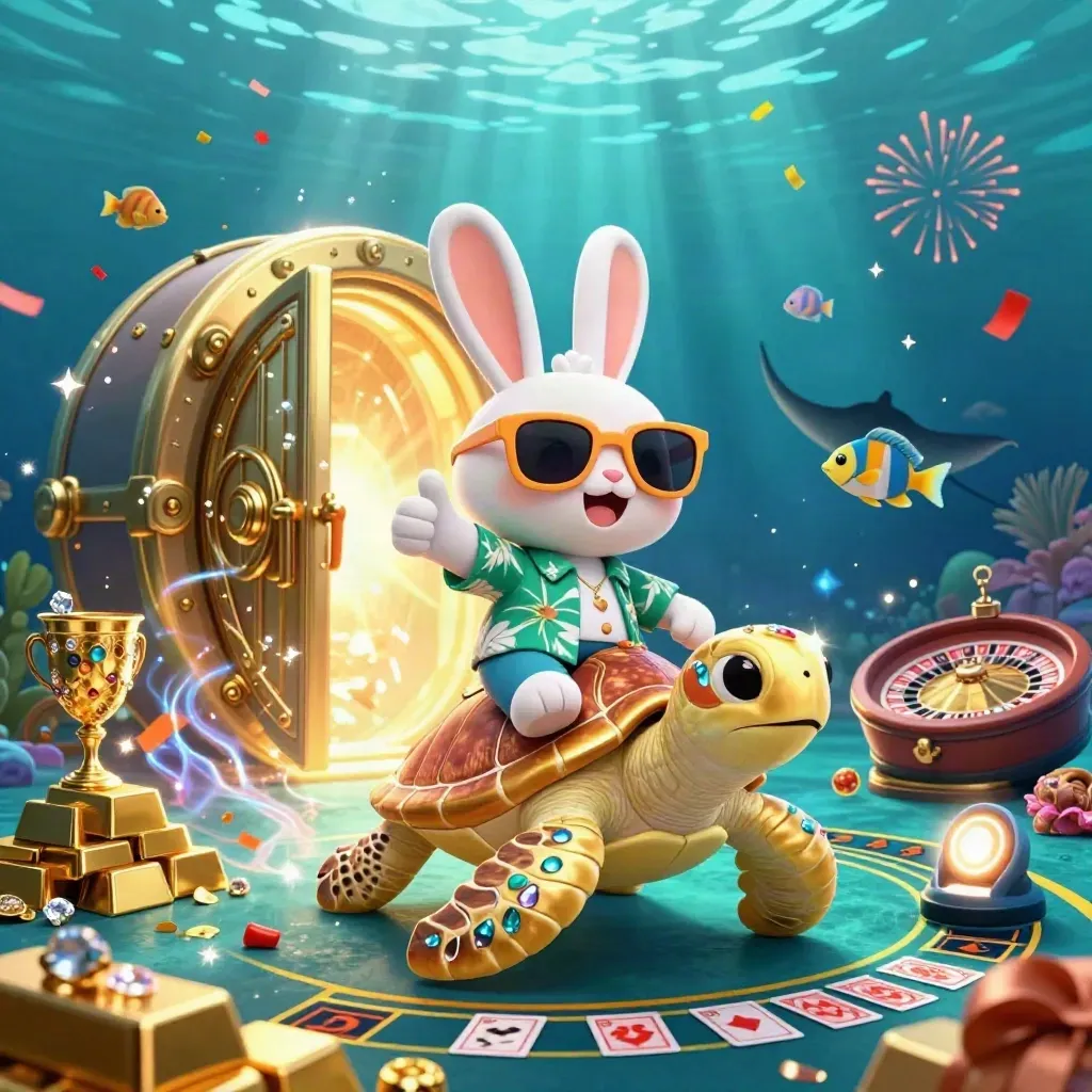 Lucky rabbit rides a golden sea turtle in a neon underwater casino burst of treasure and light