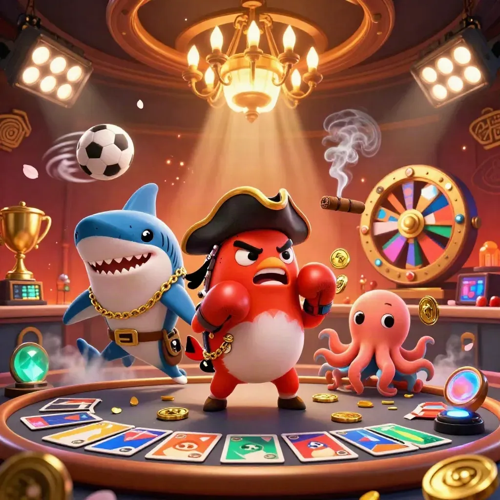 Pirate shark, boxing pufferfish, and coin-juggling baby octopus in a neon casino splash scene.