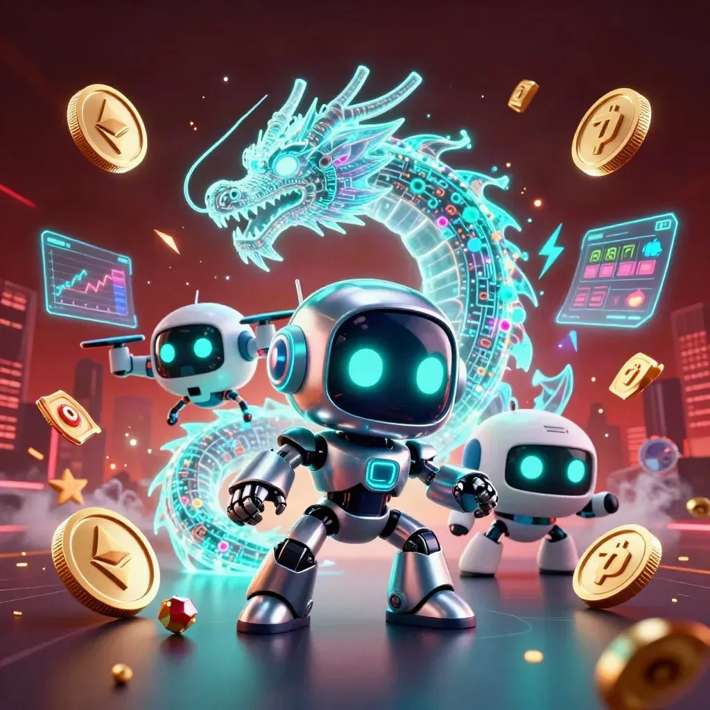 Cyberpunk robot, holographic dragon and coin drone amid aqua casino effects in a red neon skyline.