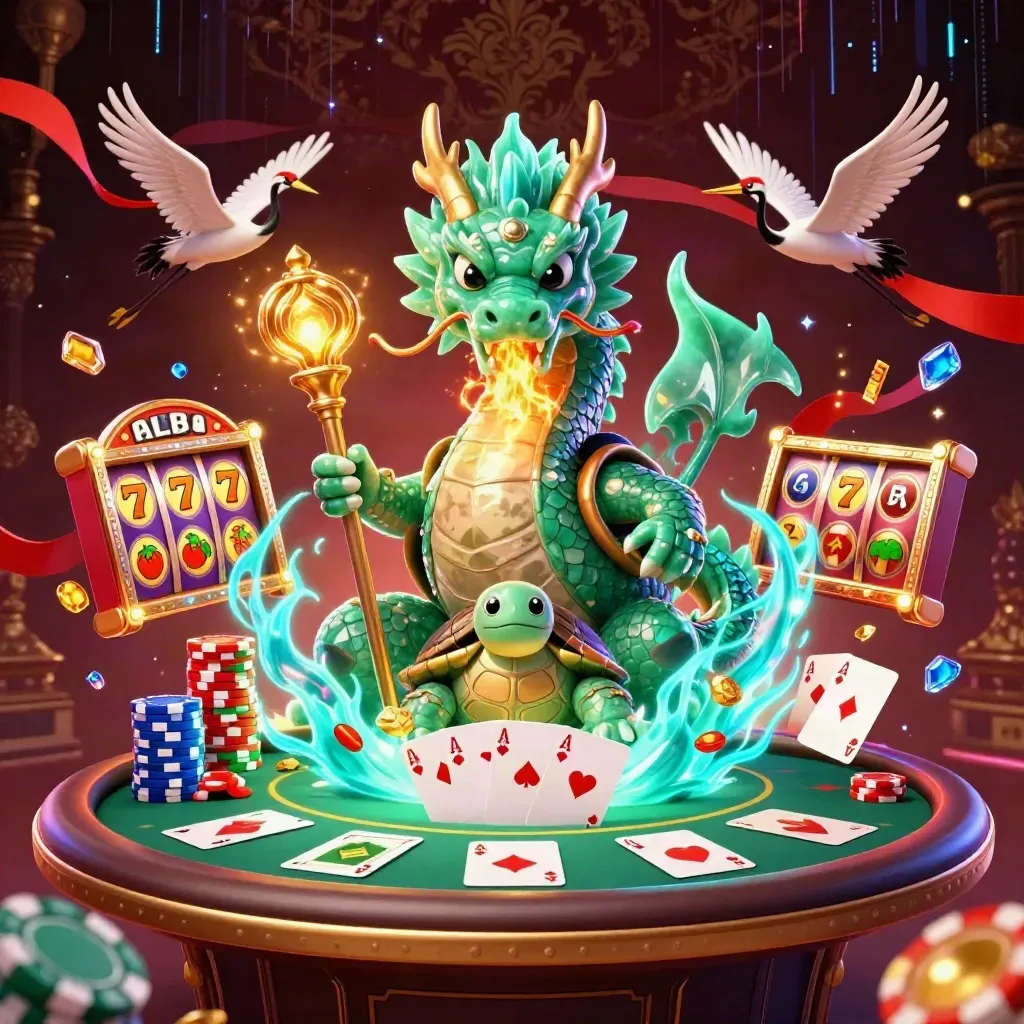 Dragon, turtle sage, and cranes amid casino chips, cards, reels, gold fire, and teal neon.