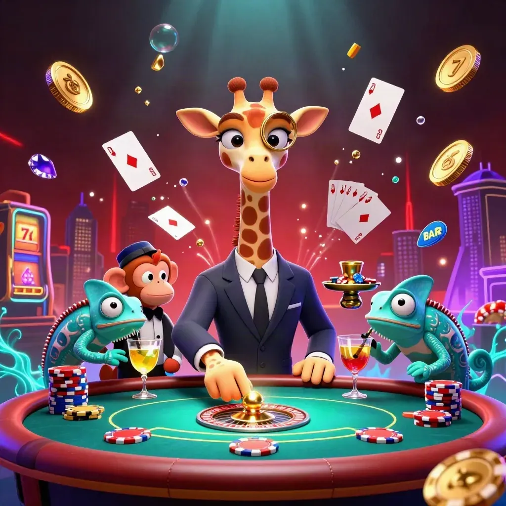 Giraffe, monkey, and chameleon in a luxe casino scene with coins, cards, chips, aqua glow