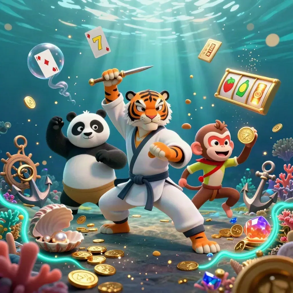 Tiger, panda, and monkey in an underwater treasure cove with coins, coral, and glowing casino effects.