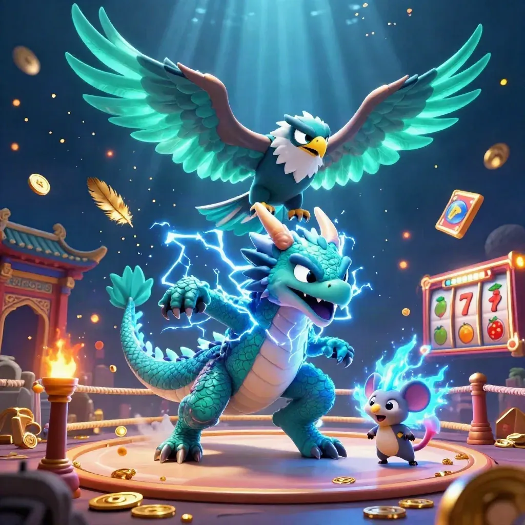 Thunder dragon, wind hawk, and crackling mouse burst through an ocean-temple casino scene.