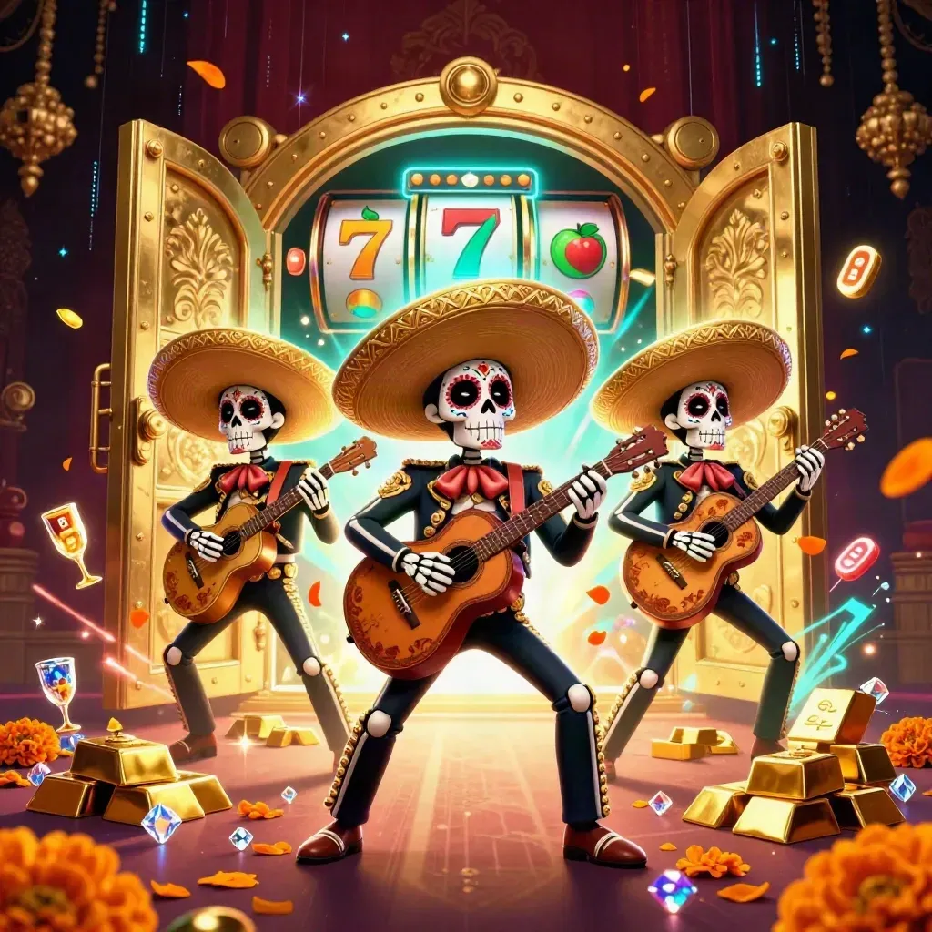 Skeleton mariachi trio with open vault, gold, gems, and teal neon casino glow.