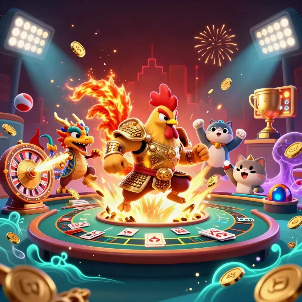 Rooster warrior, dragon hatchling, and fortune cat amid casino treasure, coins, fireworks, and slot energy