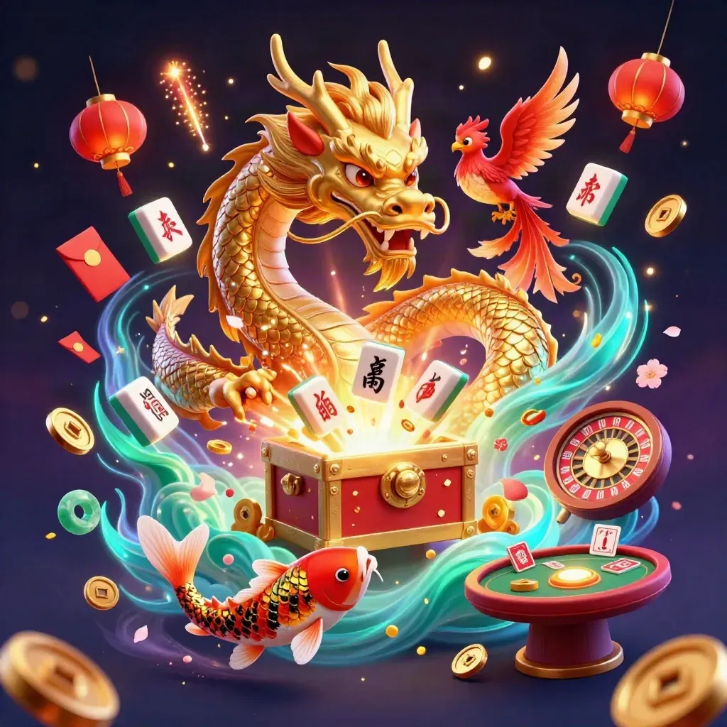 Golden dragon, phoenix, koi, and casino treasures burst in neon teal and gold over a dark starfield.