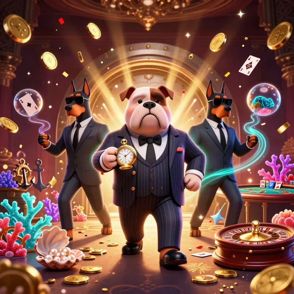 Cartoon bulldog boss and two bodyguards amid coins, coral, fireworks, and casino treasure