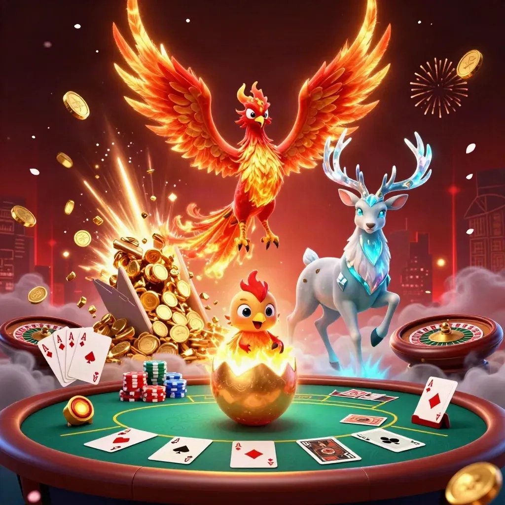 Fire phoenix, baby phoenix, stag, coins, cards, and fireworks in a premium casino fantasy scene.