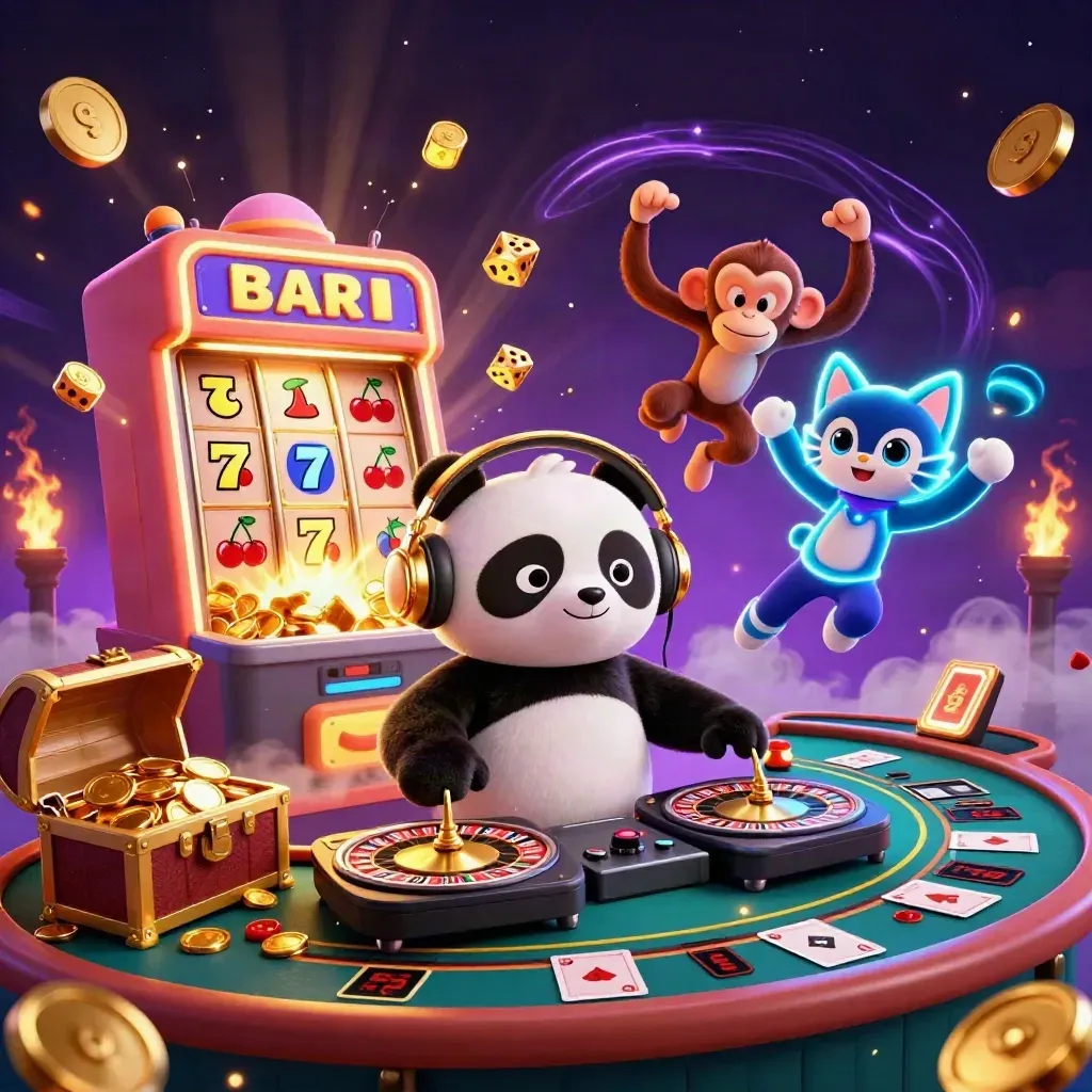 DJ panda, dancing monkey, and glow-stick kitten amid exploding casino gold and neon effects.