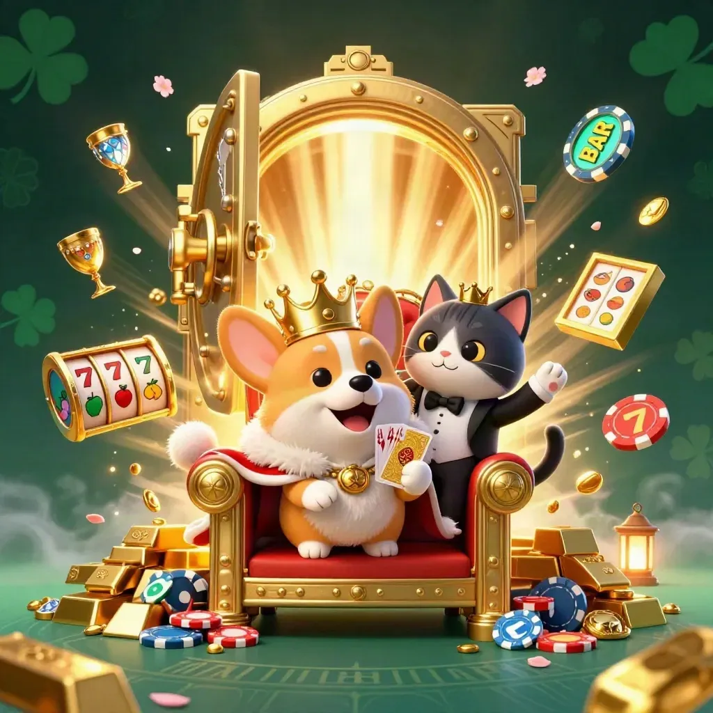 Royal corgi and cat butler at a bursting vault amid chips, gold, gems, and slot symbols.
