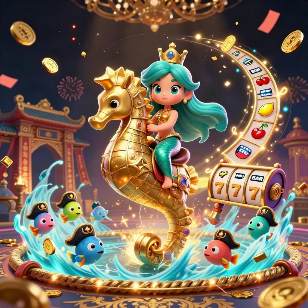 Mermaid princess rides armored seahorse with pirate fish amid casino reels, gold coins and neon temple glow