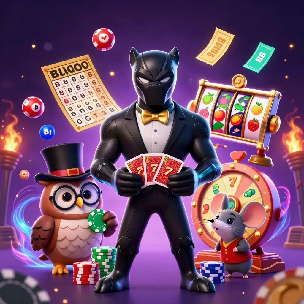 Panther, owl and mouse amid chips, reels and jackpot sparks in a neon casino sky.
