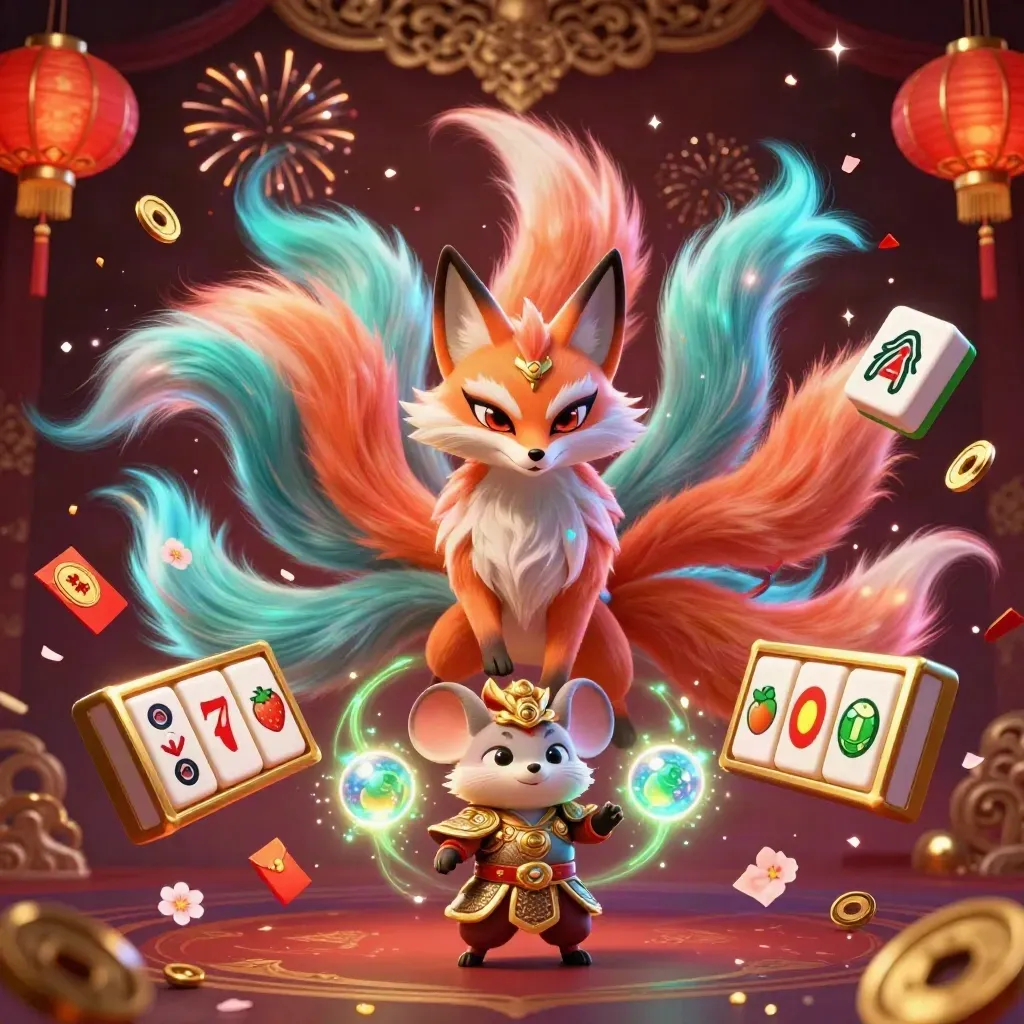 Neon nine-tailed fox spirit and golden samurai mouse amid casino reels and jade coins