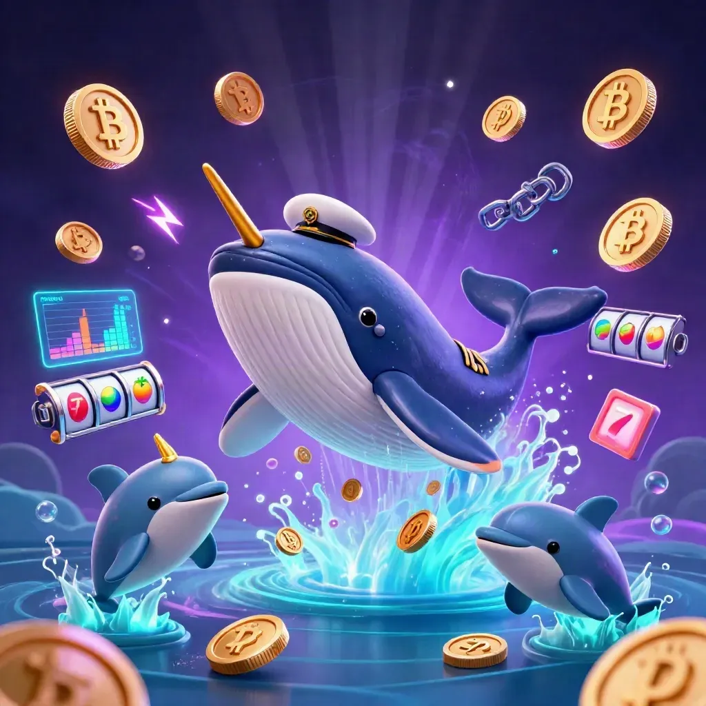 Captain whale, narwhal, and dolphins burst through coins with neon casino energy and ocean glow.