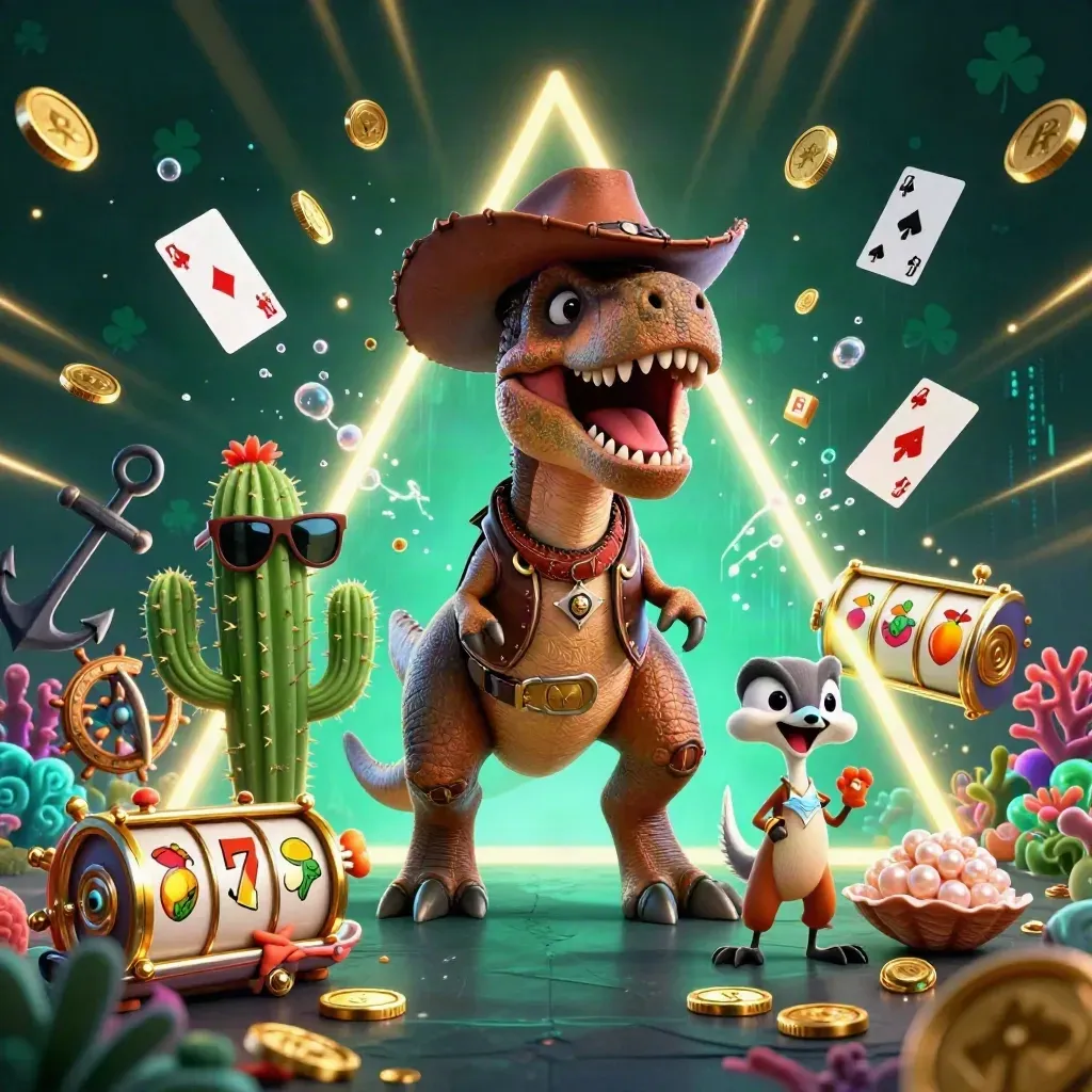 Cowboy T-Rex, cactus sidekick, and roadrunner amid neon treasure cove casino chaos.
