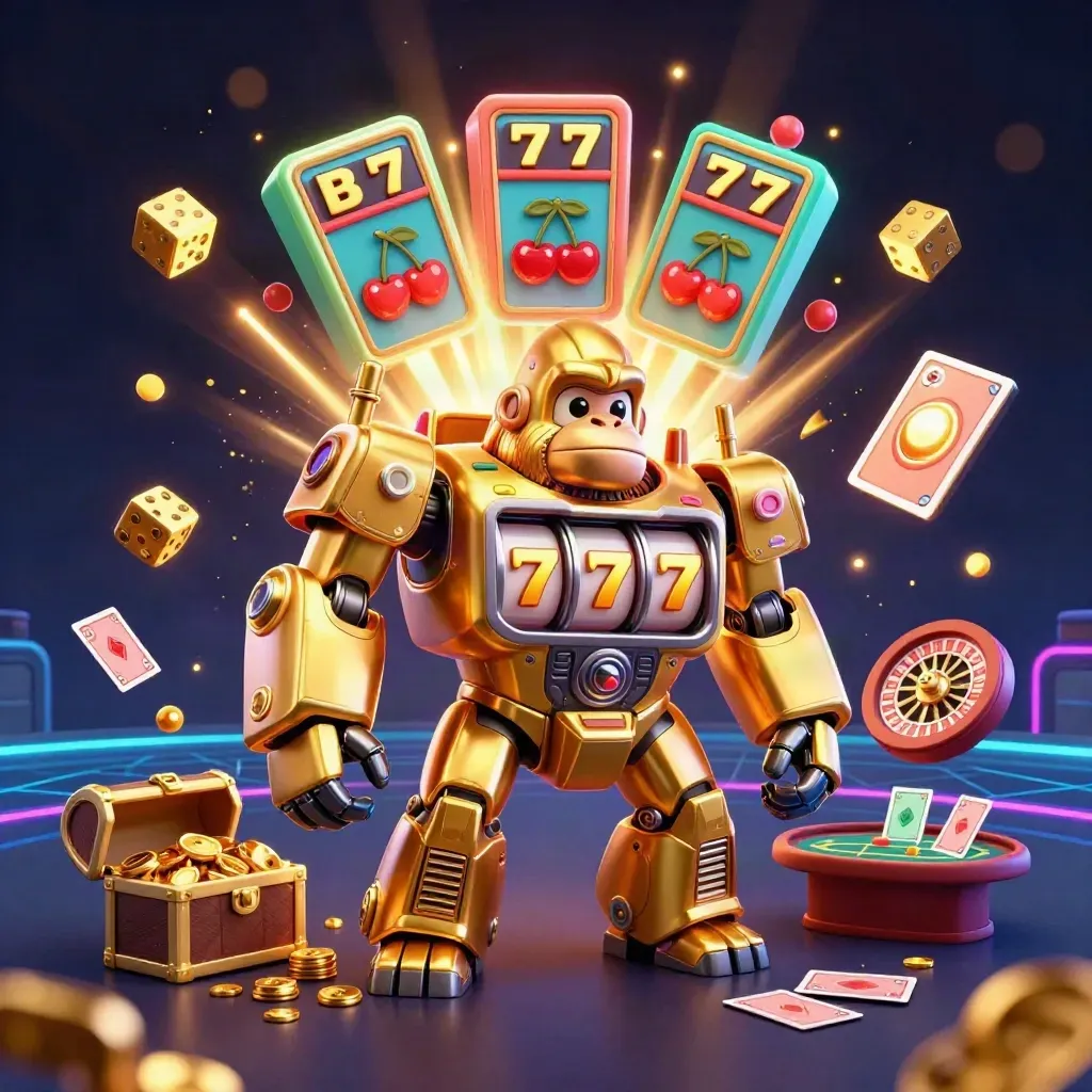 Golden gorilla mech, tiny monkey pilot, slot bursts, neon casino loot in a dark oceanic glow.