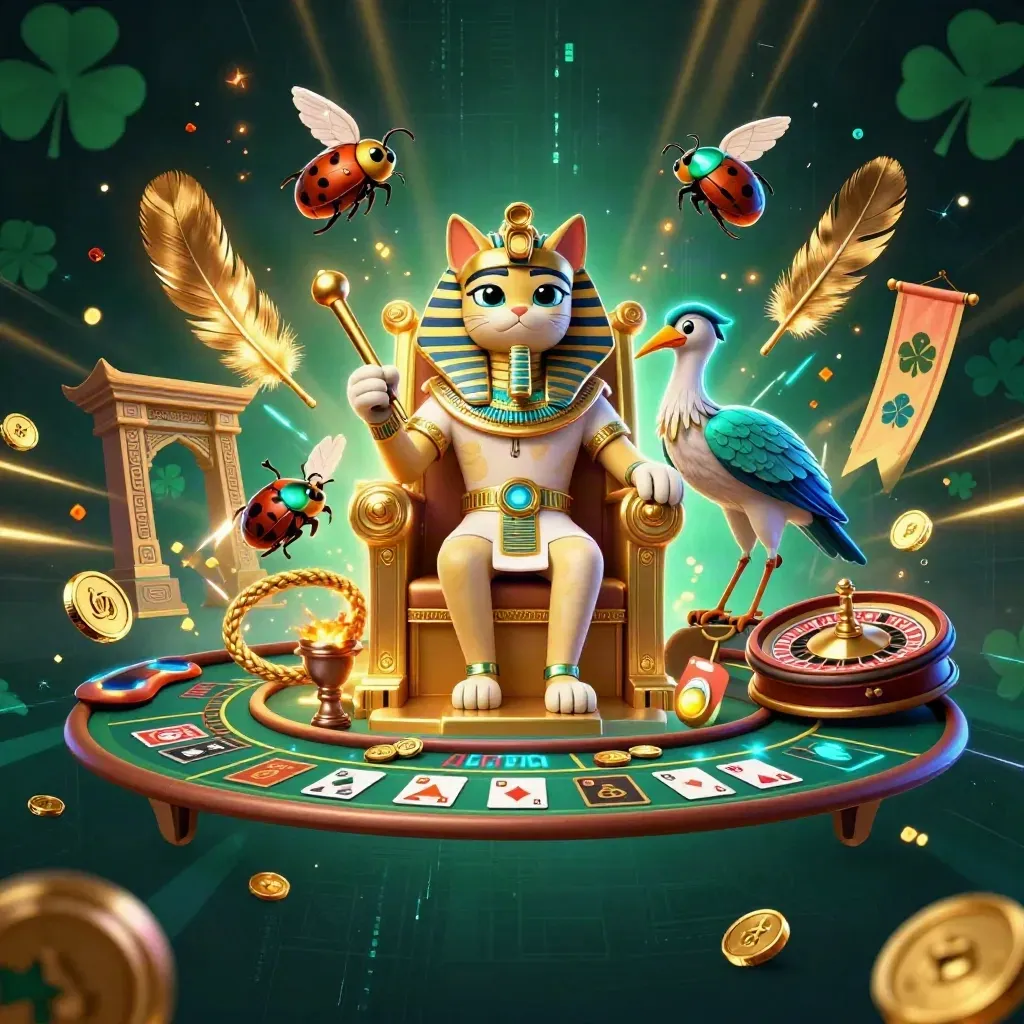 Pharaoh cat on throne with ibis scribe, scarabs, roulette wheel, neon casino relics and gold sparks.
