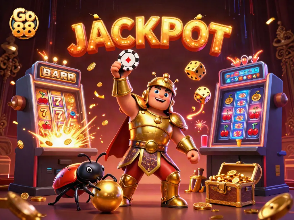 Experience jackpot excitement with Go 88 in this vibrant 3D illustration featuring a herculean beetle hero.