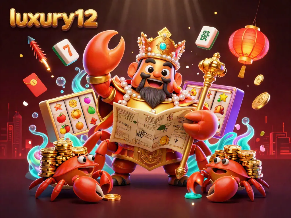 luxury12 showcases a golden crab emperor among slot reels and vibrant casino elements.