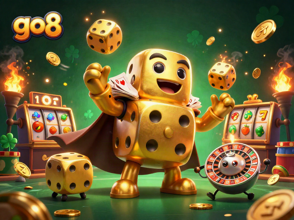 Go8's vibrant 3D casino scene showcasing golden dice, slot reels, and dynamic gaming elements.
