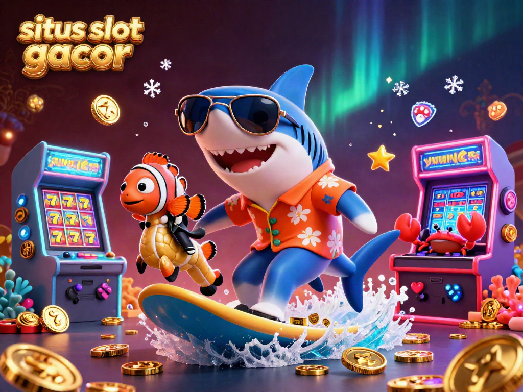 Experience the thrill of situs slot gacor as a hammer-head shark surfs on gold coins amidst dynamic slot reels and vibrant casino elements.