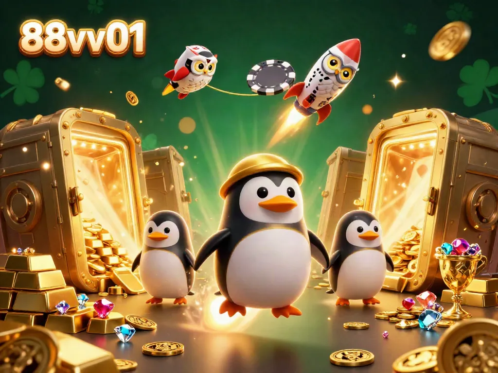 Engage with vibrant casino fun featuring golden penguins and treasures at 88vv01.