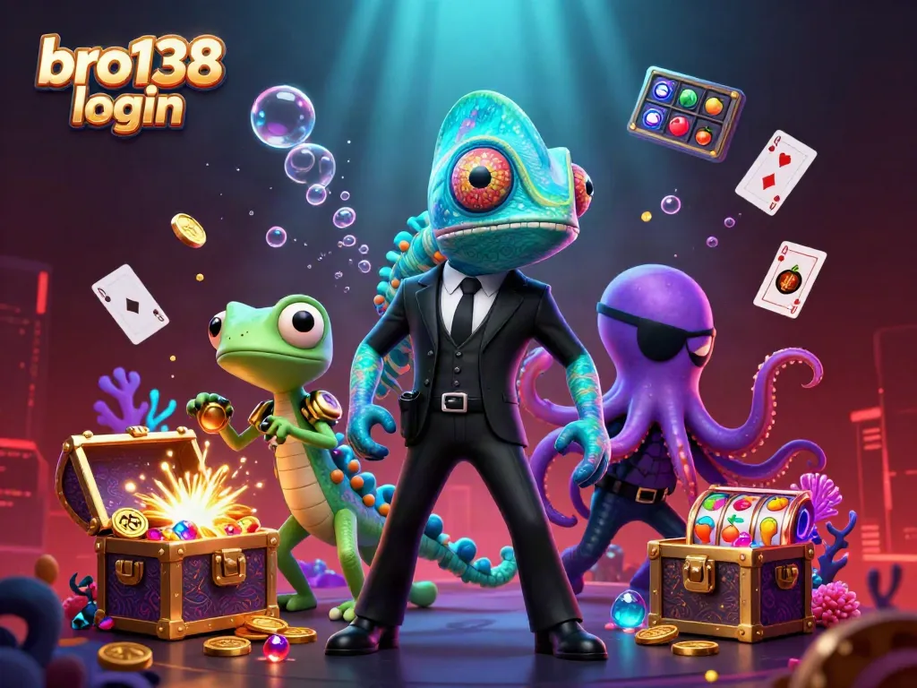 Experience top gaming excitement with bro138 login, featuring characters amidst vibrant casino-themed elements.
