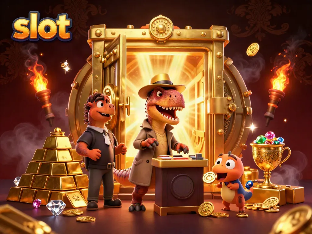 Exciting slot scene with a velociraptor player, a suspicious stegosaurus pit boss, and treasures galore.