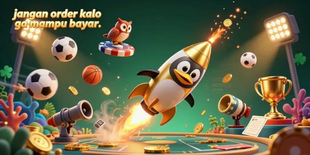 A dynamic illustration of a golden penguin and casino elements in space emphasizing the message "jangan order kalo ga mampu bayar..".