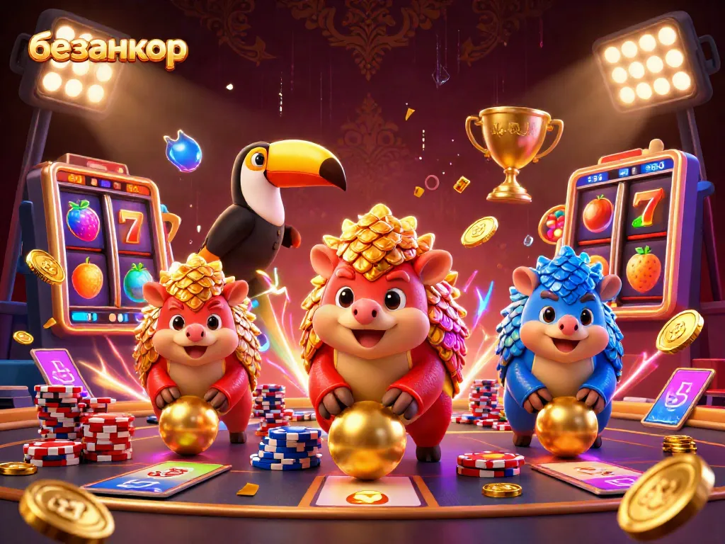 Engaging scene of rival pangolins in armor rolling golden balls in a lively casino setting, featuring безанкор.