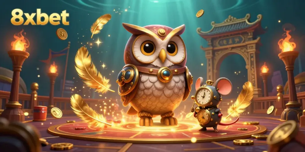 Experience thrilling bets at 8xbet as a steampunk owl guides you through an enchanting casino adventure.