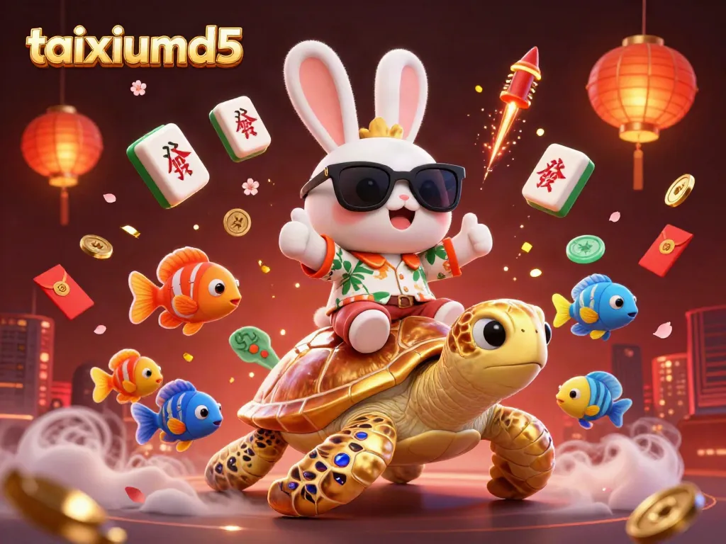 Experience fun at taixiumd5 with a playful lucky rabbit and golden turtle amid vibrant gaming elements.