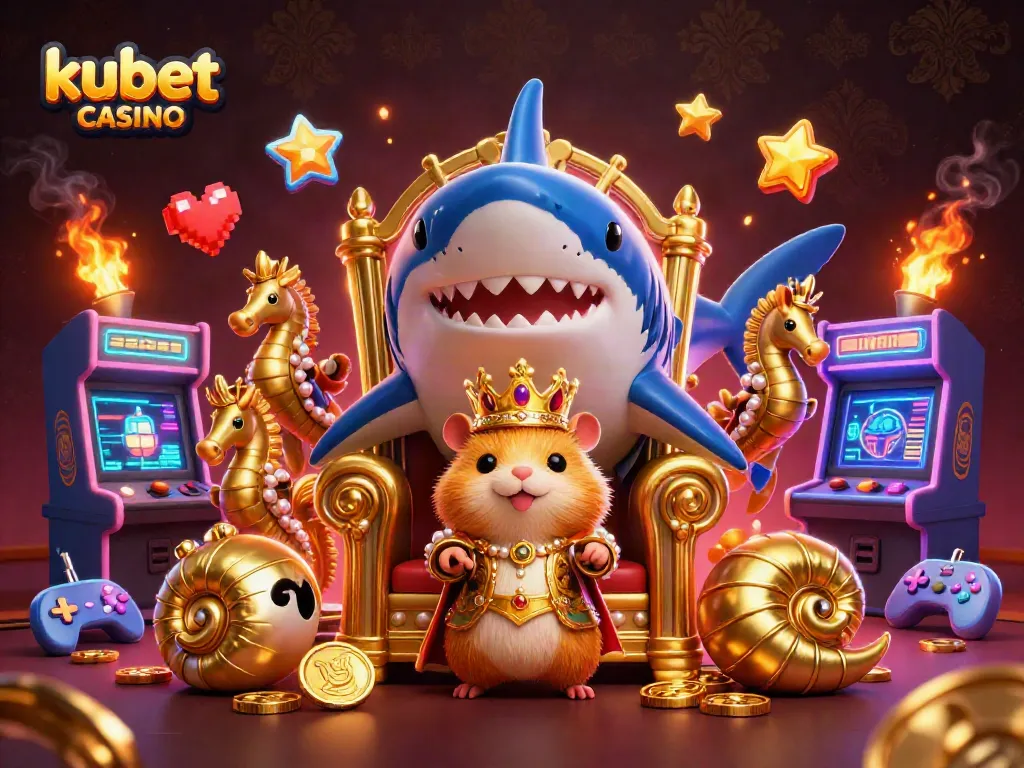 Kubet casino features a dynamic 3D scene with a hamster king on a megalodon throne surrounded by vibrant gaming elements.